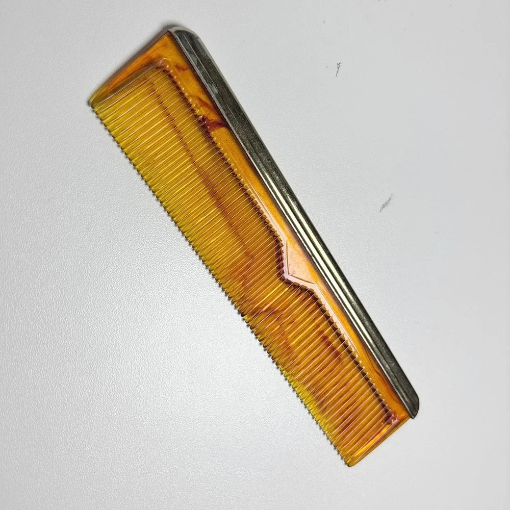 Vintage Faux Tortoise Shell Pocket Comb Gold Tone Metal Trim Amber Brown 5 Inch